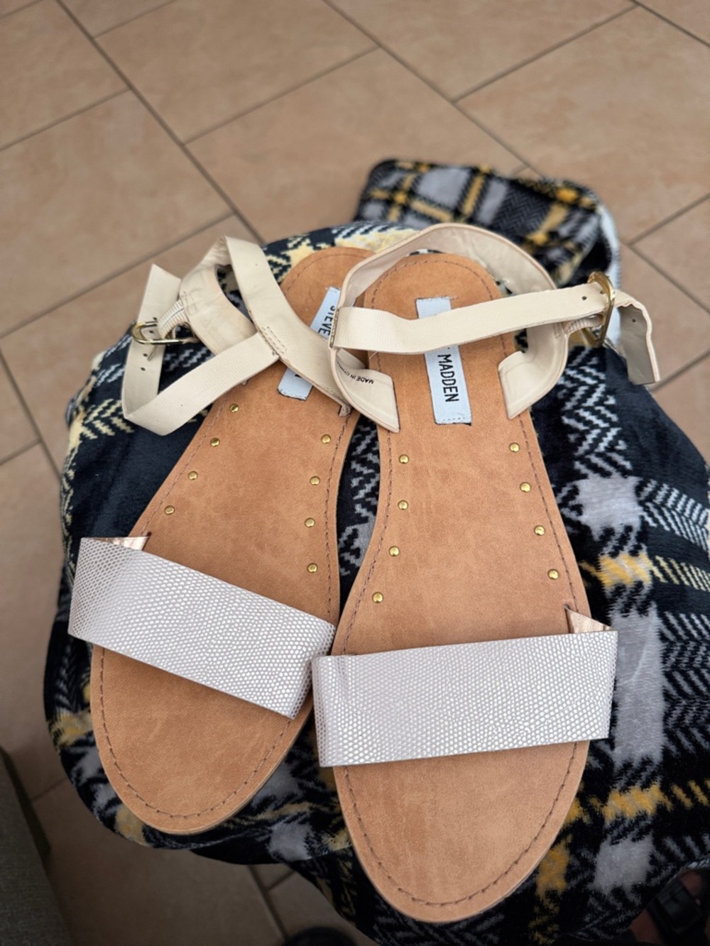 Used Steve Madden Neutral Cream Ankle-Strap Sandals with Gold Studs